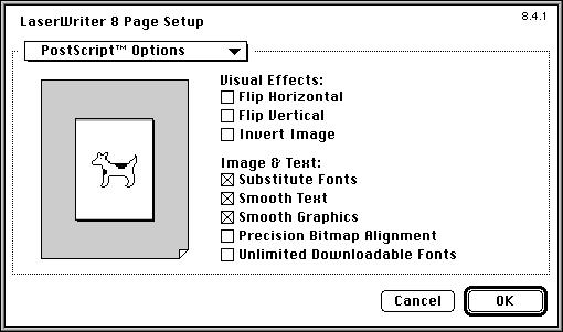 7. Choose PostScript Options in the menu in the upper-left corner of the LaserWriter 8 Page Setup dialog box to view more page setup options. Flip Horizontal reverses the image from left to right.