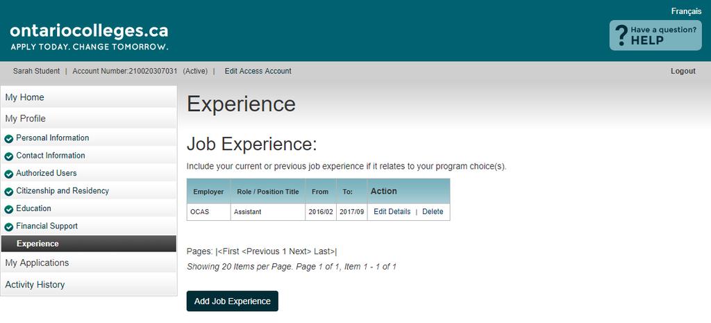Experience - Summary View Details view existing information Edit Details update