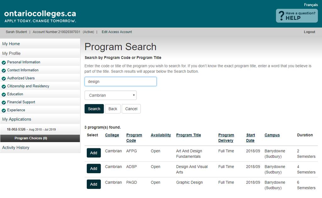 Program Choices Program Search Results Make sure you select the correct Program