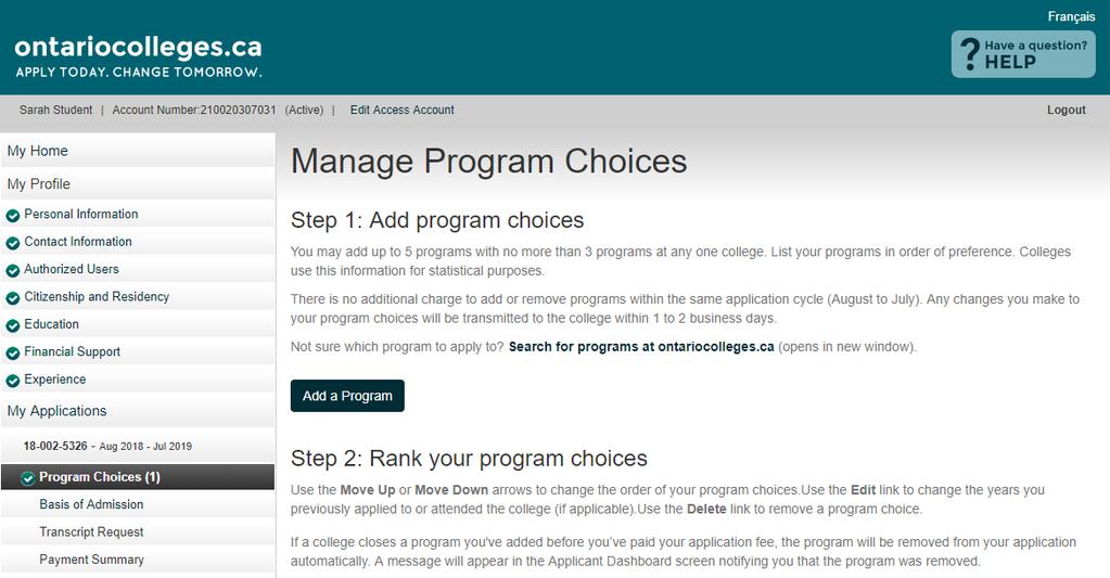 Program Choices Manage Program Choices Click the Add a