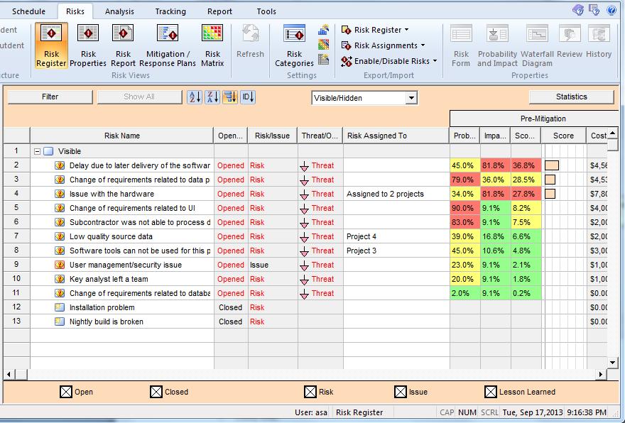 RiskyProject Enterprise User s Guide To view risk register on enterprise level: If you do not have an open project or program (no green or red bars), this indicates you are looking at the enterprise