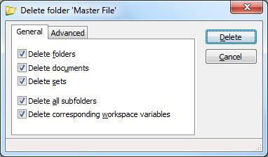 Delete folders When on, folders are deleted. The effect of this setting also depends on the settings for Delete documents and Delete sets.