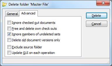 The effect of this setting also depends on the setting for Delete sets. If Delete sets is turned on, all documents except the parent files of logical sets and the set files of flat sets are deleted.