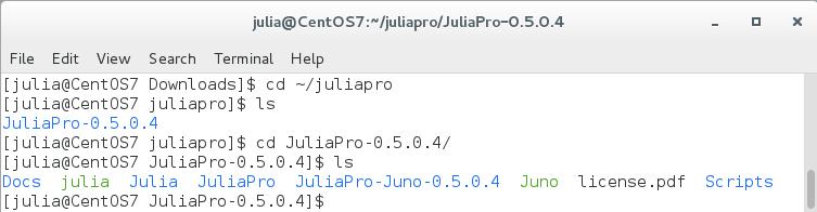 4. Using the JuliaPro Command Prompt To launch a JuliaPro Command Prompt within a Terminal window, one needs to launch the julia binary included within the JuliaPro distribution.
