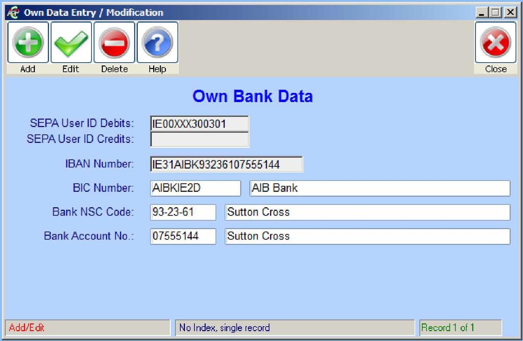 2.4 Enter your SEPA OIN number and check your own IBAN number Go to Data Maintenance Own Bank Details and enter your SEPA User ID Debits (or Credits if relevant).