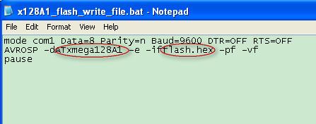 1.8 Step 8 - Change the bat file Browse to \AVROSP_Test folder and open the bat file with Notepad. Change ATxmega128A1 to the target device. The.