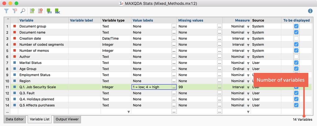 The Variable List The MAXQDA Stats Variable List allows you to manage all the variables of a data set.