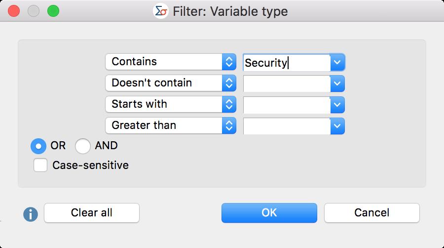 Enter filter criteria The status bar at the bottom right of the window displays the number of variables that fulfill the selected criteria.