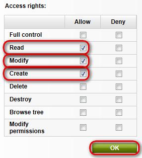 Security 37 5. The role CMS Editors has been added to the list. Now click the Allow checkboxes in the Read, Modify and Create line. Then click OK.