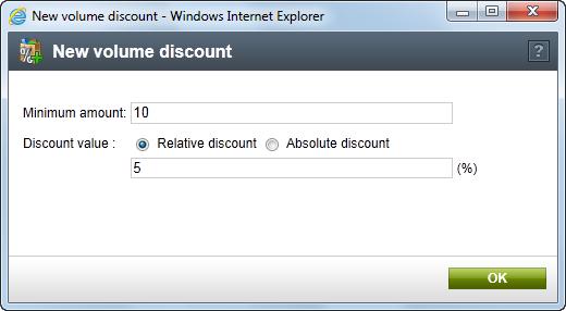 Choose the Relative discount radio button and enter 5 in the Discount value textbox (this will add the 5% discount to