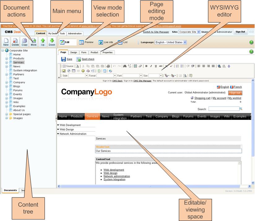 Editing structured documents 7 1.3 User interface overview The user interface of Kentico CMS consists of several sections.