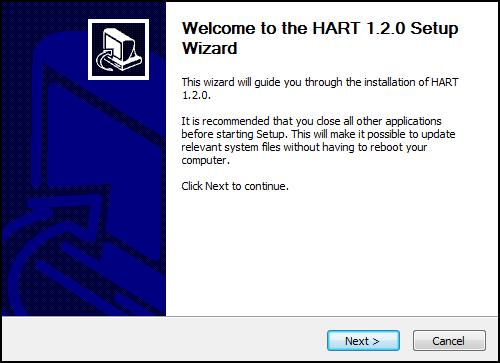 6. The Welcome to the HART 1.2.0 Setup Wizard screen displays. This wizard will guide you through the installation of HART 1.2.0. It is recommended that you close all other applications before starting Setup.