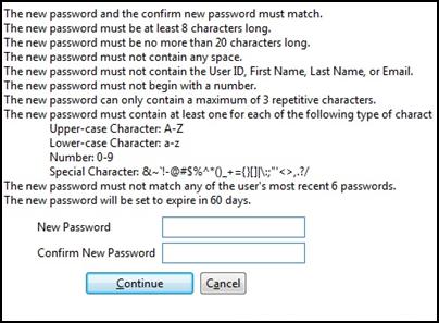 The new password and the confirm new password must match. The new password must be at least 8 characters long. The new password must be no more than 20 characters long.
