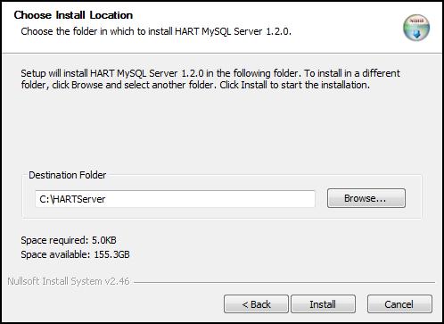 12. Click Next to continue. 13. The Choose Install Location screen displays. Choose the folder in which to install HART MySQL Server 1.2.0. 14. Setup will install HART MySQL Server 1.2.0 in the following folder.