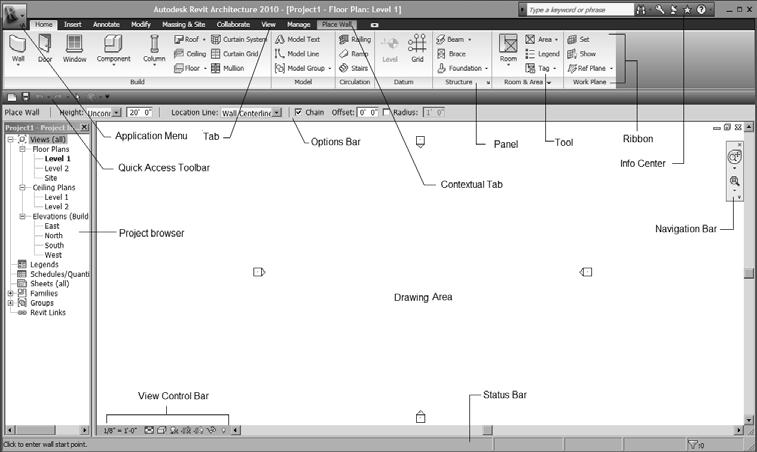1-12 Autodesk Revit Architecture for Architects & Designers Figure 1-7 Autodesk Revit Architecture 2010 user interface screen Title Bar The Title bar, docked on the top portion of the user interface,