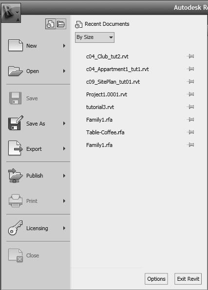 Introduction to Autodesk Revit Architecture 2010 1-15 Figure 1-11 The Application Menu to Quick Access Toolbar, place the cursor over the button; the button will be highlighted.