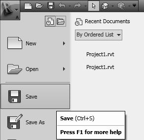 Getting Started with Revit Architecture 2-11 Figure 2-8 Accessing the Save tool from Application Menu CONFIGURING GLOBAL SETTINGS In Autodesk