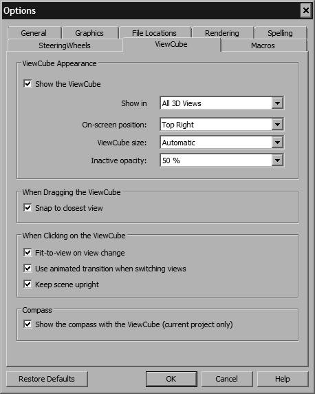 Getting Started with Revit Architecture 2-17 Figure 2-13 The ViewCube tab of the Options dialog box In the ViewCube Appearance area you can use various drop-down lists to align, resize, and change