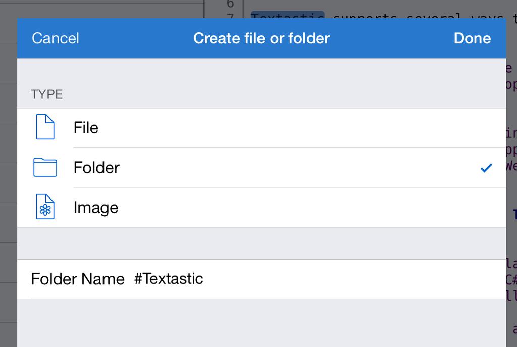 Enter Folder Name Choose "Folder" and enter "#Textastic" as