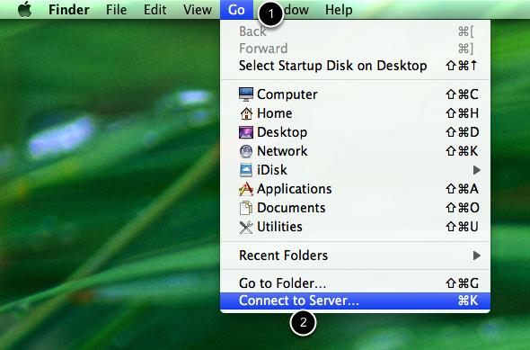Open "Connect to Server" dialog Switch to Finder.