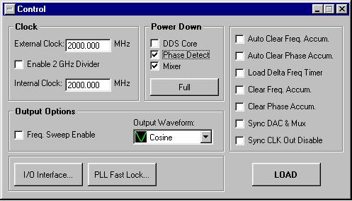 CONTROL WINDOW The control window allows the user to set many of the operating parameters of the device. In the Clock pane, the user can specify the current clock frequency supplied to the device.