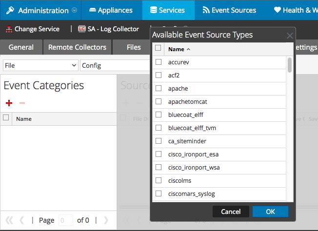 The Event Categories panel displays the File event sources that are configured, if any. 4. In the Event Categories panel toolbar, click +. The Available Event Source Types dialog is displayed. 5.