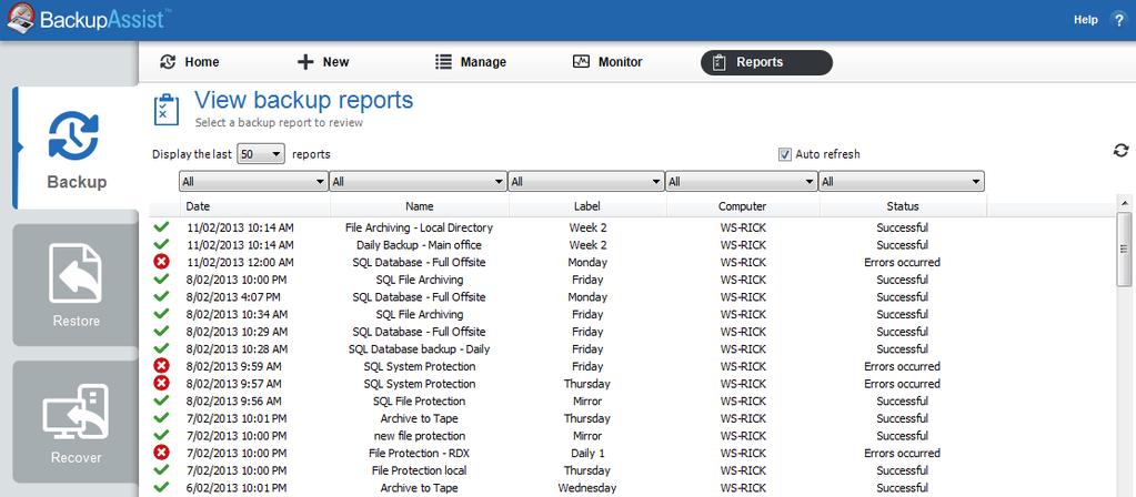 5. View backup reports When the Reports option is selected, a list of all the backup jobs that have run will be displayed.