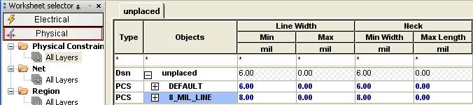 In the 8_MIL_LINE row, change the Min Line Width, Min Neck Width and the Min BBVia Stagger values to 8.