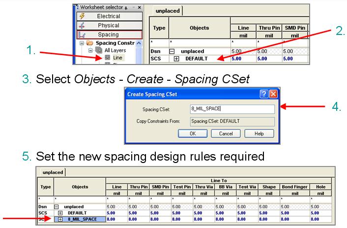 Setting Design Constraints Lesson 7 Creating a New Spacing CSet You will probably have nets that require different spacing rules than the default rules. These are your special nets.