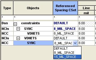 Setting Design Constraints Lesson 7 6. Select in the Referenced Spacing CSet cell for the Sync Net Class-Class cell. Select the 15_MIL_SPACE CSet as shown below.