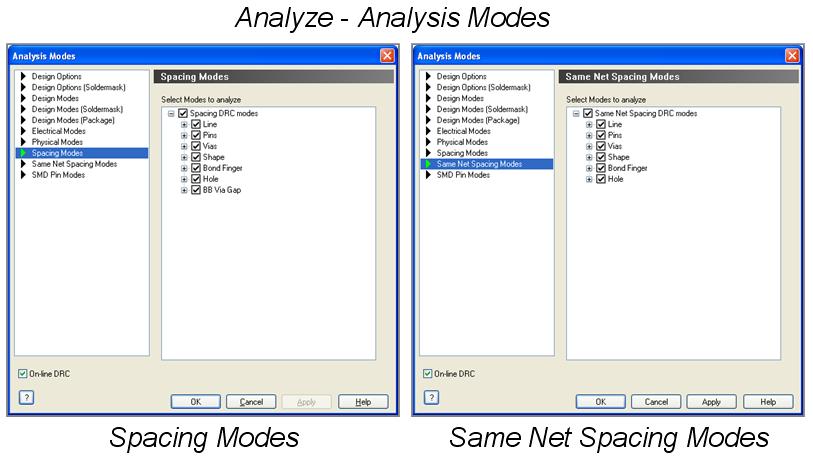 Setting Design Constraints Lesson 7 Spacing and Same Net Spacing Modes The Spacing Modes and Same Net Spacing Modes windows specify whether or not the respective spacing constraints should be checked.