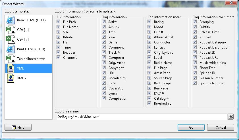 19 Export wizard With the Export Wizard, you can export your music library information to html, xml, csv or text and then print it or export it to any database.