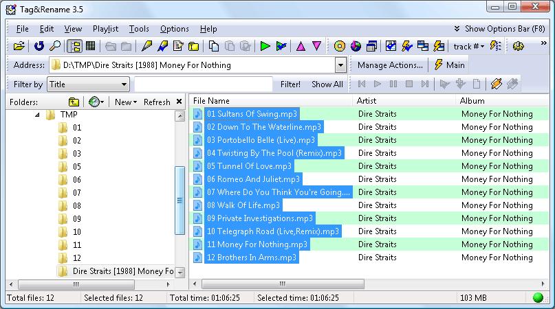 toolbar: Main window with files selected in files list before we press Main action button.