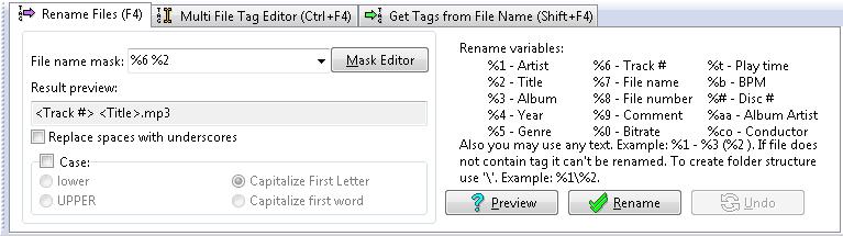6 Renaming files With Tag&Rename you can quickly and easily rename your music files according to their tag information. It s as simple as 1-2-3!