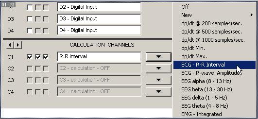 12 Biopac Student Lab possibly a digital input channel). 22. Click the Presets icon (down arrow) for Calculation Channel C1 and choose the preset option ECG R-R Interval. 23.