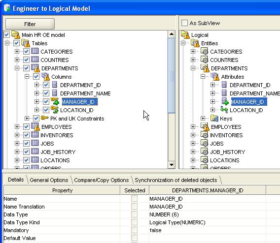 Forward and Reverse Engineering Engineering options: General, compare/copy and synchronization Include design glossary and