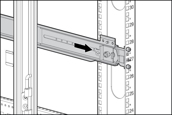To engage the front, pull the rail towards the front of the rack to engage the spring hook with the RETMA column in the same manner as the rear spring hook.