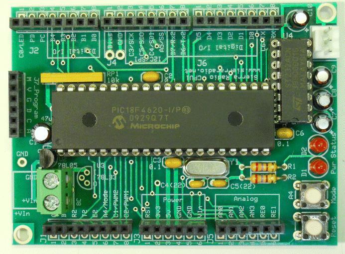 Arduino Compatability HamStack RS232 Rx - RS232 Tx - RE2 Digital IO - RA4 Digital IO / Mode button - RC1 Digital IO / PWM 2 - RC2 Digital IO / PWM 1 - Status LED - Programming pin (data) -