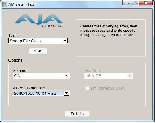 P a g e 8 AJA System Test is a straight-forward tool provided by AJA Video Systems for checking the video processing performance of any storage device.