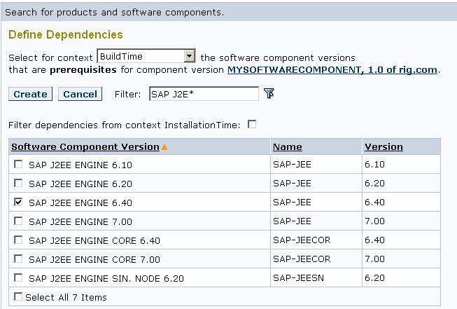 Select the checkbox for the relevant SAP J2EE Engine