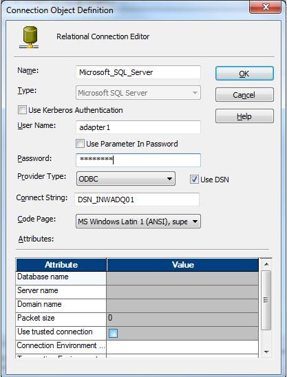 The following image shows the Connection Object Definition dialog box when the Use DSN option is selected: 8. Configure the other connection properties. 9. Click OK to create the connection.