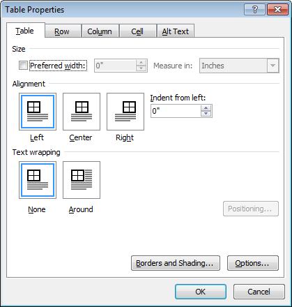 Tables 5 21 Aligning tables Explanation You can change how a table is aligned within the document margins by using the Alignment options on the Table tab of the Table Properties dialog box, shown in
