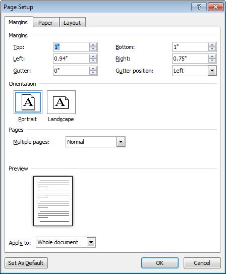 6 10 Word 2010: Basic Explanation The Page Setup dialog box You can also change margins by using the Page Setup dialog box, in which you can specify an exact measurement for each margin.