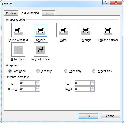 8 10 Word 2010: Basic You can control a graphic s positioning and text wrapping with greater precision by using the Layout dialog box. For example, you can specify the text-wrap distance.