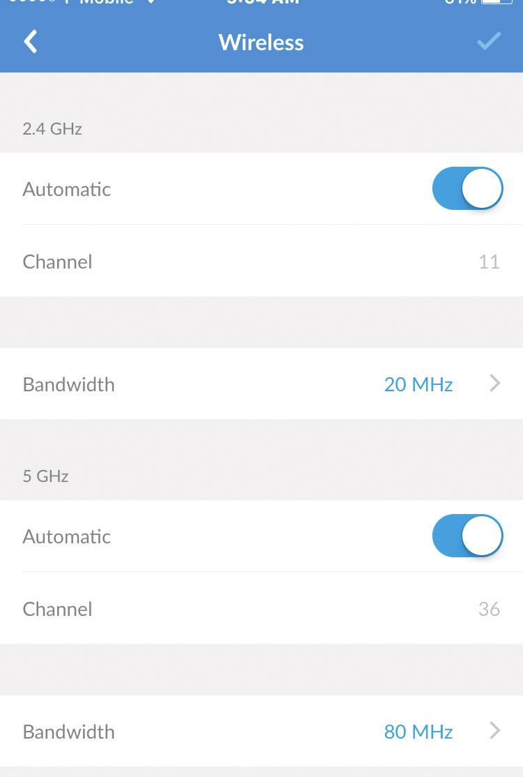 AmpliFi User Guide Advanced Select this option to customize the wireless settings for the 2.4 GHz and 5 GHz radio bands.