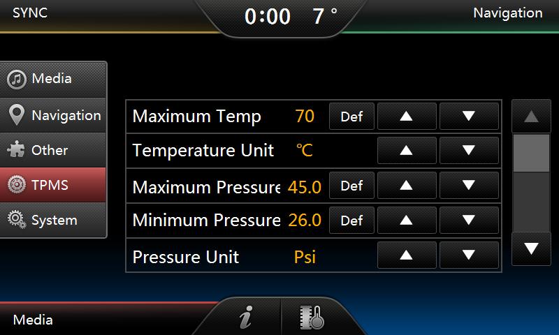 Interface TPMS Settings The interfaces TPMS Settings continued: TPMS Alarm: Change the TPMS alarm sound. Clear F.L: Clear the F.L. tires reading.
