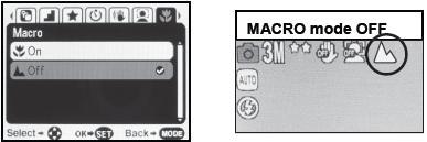 When enabled, the MACRO mode allows your camera to focus on an object that is close to the camera. The flower icon appears on the LCD and indicates that the Macro mode is ON.