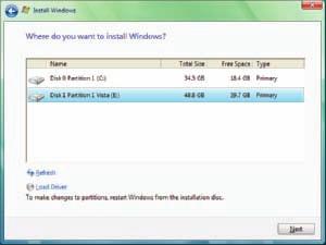 How to Install Windows Vista 573 Figure 12-22 Select a partition to install Vista in a clean install or dual boot environment performing a clean install on top of Windows XP, erasing XP.
