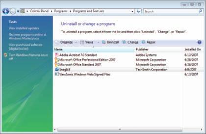 How to Install Windows XP 587 2.2 3.1 To see a list of installed programs, under Programs and Features, click Uninstall a program. The Programs and Features window shown in Figure 12-41 appears.