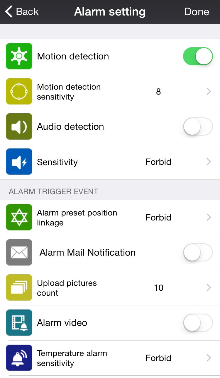 Alarm Settings Using this setting you can set the camera to